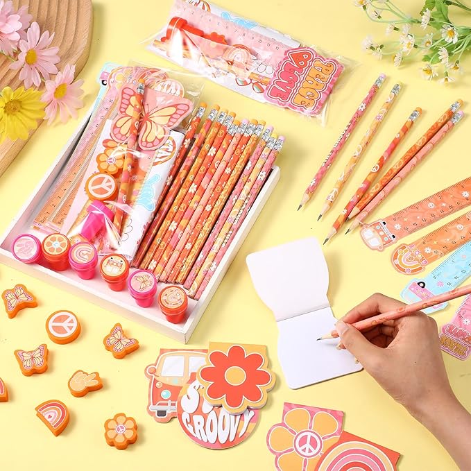 PerKoop 168 Pcs Groovy Party Favors Birthday Decorations Retro Boho Hippie Themed Two Groovy Mini Notebook Pencil Sticker Stamp Gift Goodie Bag for 60s 70s Peace Rainbow Daisy Prizes Piñata Fillers