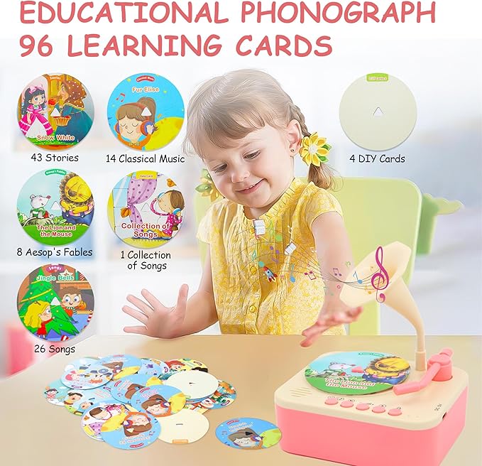 Kids Gramophone with 96 Learning Cards, Kids Story Toys and Toddler Music Player, Ages 3+