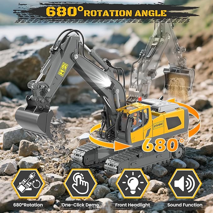 Remote Control Excavator Toy RC Play Excavator Construction Vehicles, 11CH 2.4Ghz RC Sand Digger with Metal Shovel & Light, Construction Truck Toys for Boys 3 4 5 6 7 8-12 Year Old Kids Birthday Gifts