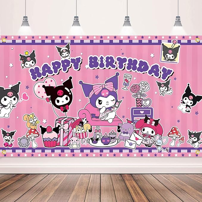 Kuromi Birthday Party Supplies, Party Decorations Set Include Banner, Backdrop, Balloons, Hanging Swirls, Cake Cupcake Toppers, Tablecloth for Girls Kuromi Theme Party