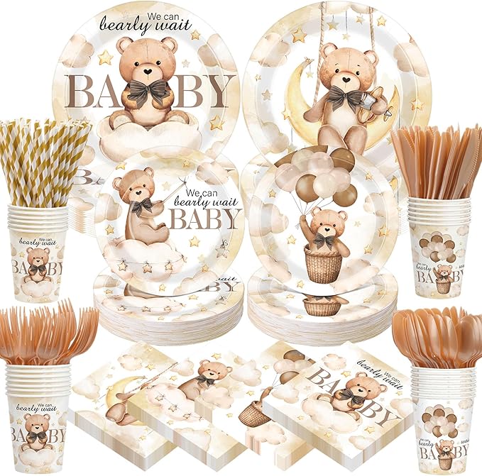 450 Pcs Brown Bear Baby Shower Tableware Set Decorations We Can Bearly Wait Paper Plates Napkins Cups Cutlery Straws for Boho Gender Neutral Reveal Birthday Party Supplies, Serves 50