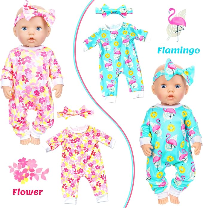 Ecore Fun 5 Sets Baby Doll Outfits & Headbands – 10 pcs for 14"-18" Baby Dolls | Cute Jumpsuit & Hair Accessory Set for Dress-Up Play