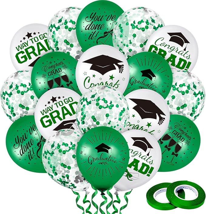 Whaline 60Pcs Graduation Party Balloon Set 7 Designs Green White Confetti Latex Balloon with 2 Rolls Green Ribbon Grad Cap Congrats Grad Balloon for Graduation Party Decoration Supplies