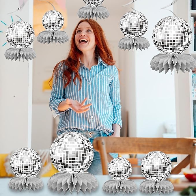 15 PCS Silver Disco Theme Honeycomb Centerpieces Disco Ball Party Decorations 70s Disco Party Table Centerpieces for Back to 70s Party Supplies Favors