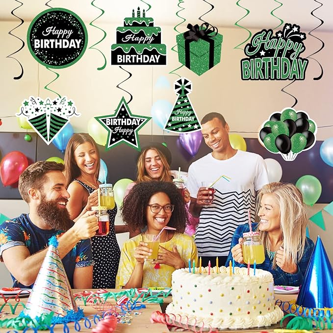 Green Birthday Hanging Swirls Decorations for Women Men, 16Pcs Black and Green Happy Birthday Foil Swirls Party Supplies, 10th 16th 18th 21st 30th 40th 50th 60th Bday Theme Swirls Ceiling Decor