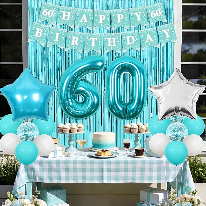 Funmemoir Teal 60th Birthday Decorations for Women - Happy 60th Birthday Banner Sash Tiara Foil Balloons Foil Fringe Backdrop and Cake Topper, Teal Blue 60 Years Old Party Supplies