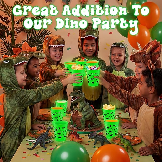 48 Pcs Glow in Dark Dinosaur Cups for Party Favors 12 oz Dinosaur Reusable Plastic Cups Bulk Dino Frosted Tumblers Gifts for Dino Themed Birthday Party Supplies Glow in The Dark Decorations