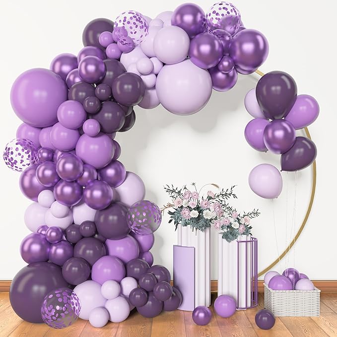 Amandir 153pcs Purple Balloon Garland Arch Kit, Different Sizes 18 12 10 5 inch Lavender Latex Metallic Confetti Purple Balloons for Halloween Wedding Birthday Baby Shower Party Decorations Supplies