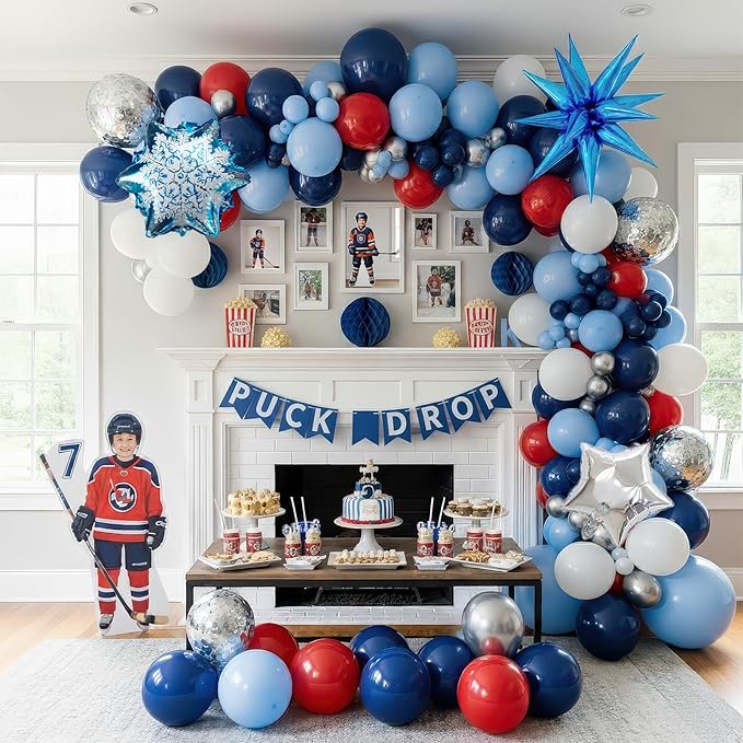 Hockey Birthday Party Decorations & with Red White Blue balloon arch & Snowflake printed Exploding stars Foil balloons for Kids Fans Boys Game Time Winter sports Themed Party Decor Supplies