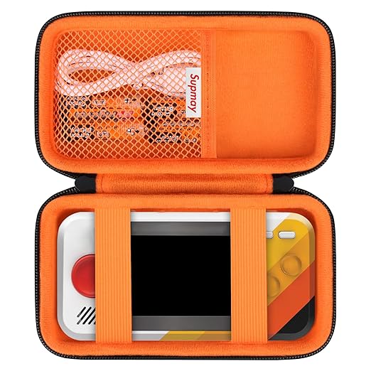 Supmay Hard Travel Case for My Arcade Atari Pocket Player Pro, Portable Video Game System Handheld Game Protection Case with Mesh Pocket for Batteries and USB-C Cable, Black+Orange