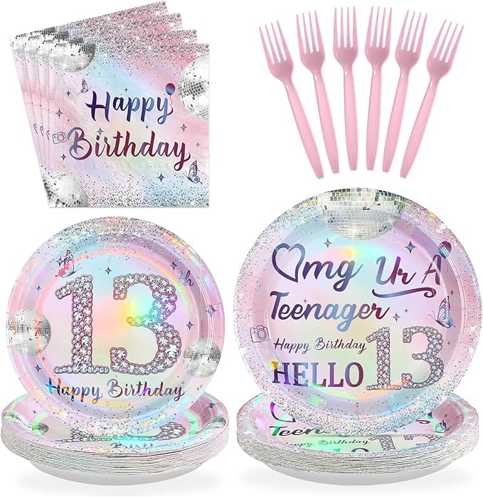 96Pcs 13th Birthday Party Decorations for Girls Teenager Plates and Napkins Iridescence Silver Pink 13th Tableware for Teenager Girls Thirteen Birthday Party Decorations Serve 24