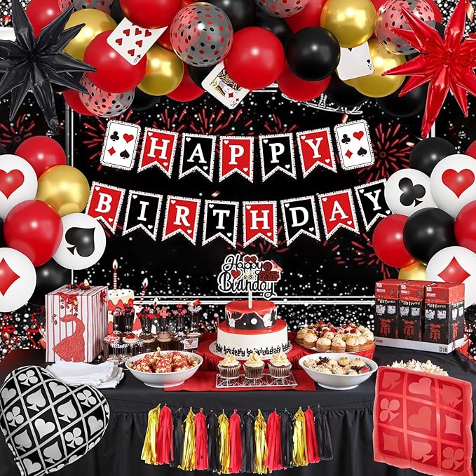 Ouddy Life 103Pcs Casino Theme Party Decorations, Red and Black Happy Birthday Banner Star Heart Poker Foil Balloons Fringe Curtain Paper Tassel Cake Topper for Las Vegas Game Night Party Decorations