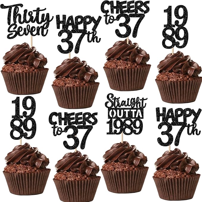 30PCS Black 37th Birthday Cupcake Toppers Glitter Thirty Seven Happy 37th Straight Outta 1989 Cupcake Picks for Cheers to 37 Years Birthday Wedding Anniversary Party Cake Decorations Supplies