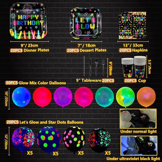 241 PCS Glow Neon Party Supplies Neon Glow Tableware Set Neon Balloon Glow in the Dark Birthday Banner Hanging Star Cake Toppers for Blacklight Party Decoration Serves 20 (Glow Set A)