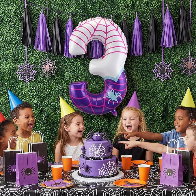 Spider Number 3 Balloons 40 Inch Purple Spider Theme Birthday Party Decorations Large Foil Balloons for 3th Birthday Party Backdrop Anniversary Celebration Supplies