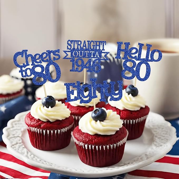 Ephlyn 24Pcs Happy 80th Birthday Cupcake Toppers Glitter Straight Outta 1946 Cupcake Picks Hello 80 Cheers to 80 Years Birthday Cake Decorations for 80th Birthday Anniversary Party Supplies Blue