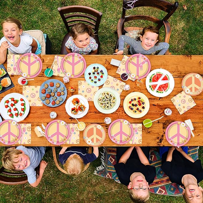 96 Pcs Groovy Birthday Party Supplies for 24 Guests Hippie Peace Sign Tableware Plates Napkins 60's 70's Two Groovy Retro Dinnerware Table Decorations Hippie Party Favor for Birthday Baby Shower Decor
