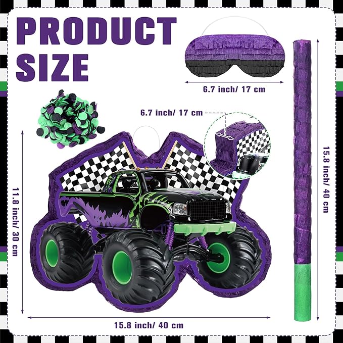 Green and Purple Truck Piñata of Monster Piñata Race Car Bundle with a Blindfold and Confetti Birthday Party Supplies Small Racing for Construction Favors Decor