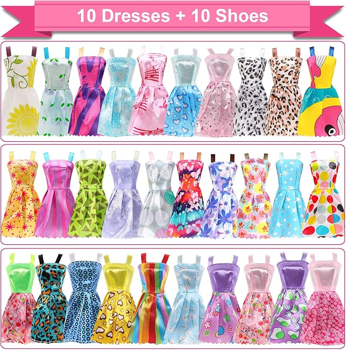 BARWA 53 pcs Doll Clothes and Accessories 10 pcs Party Dresses with 42 pcs Shoes, Crown, Necklace, Hangers, Bags, Accessories for 11.5 inch Doll