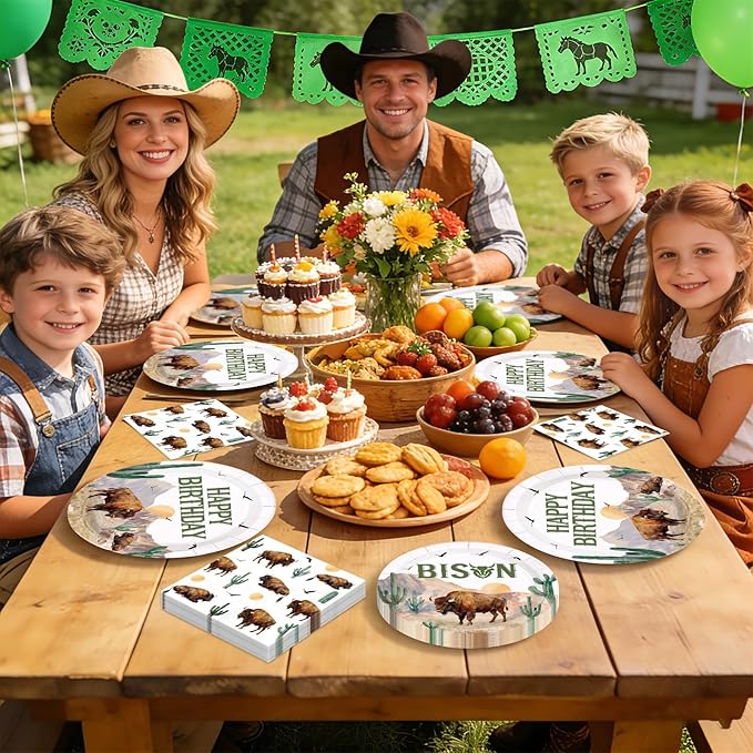 96Pcs Bison Happy Birthday Party Decorations Western Bison Birthday Plates and Napkins Sets Western Wild Highland Animals Cactus Decorations for Boys Girls Wild West Party Supplies Serves 24