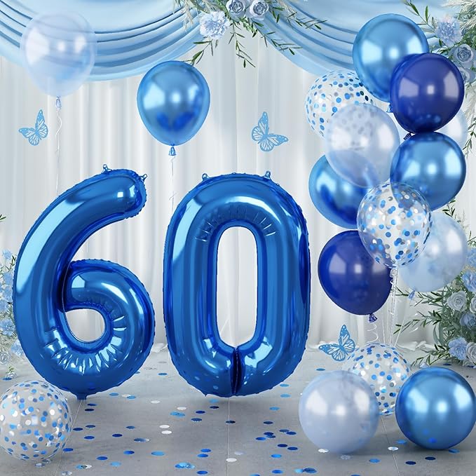 60 Balloon Number Blue, Big Number 60 Balloon Pastel Navy Dark Blue with Metallic Silver Confetti Balloon for Men 60th Birthday, Foil 40'' Self Inflating Balloon 60 for Anniversary Party Decorations