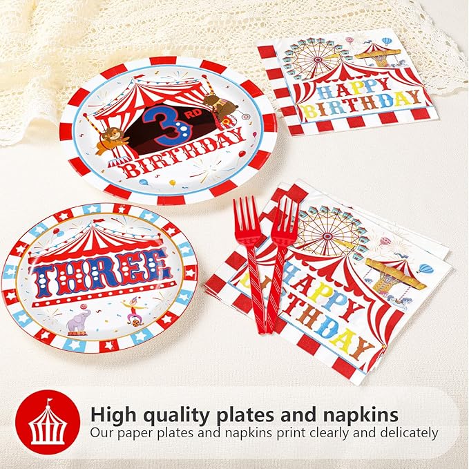 96Pcs Carnival 3rd Birthday Party Decorations Christmas Carnival Circus Third Birthday Plates and Napkins Tableware Sets Circus Theme Decoration for Kids Baby Shower Three Years Old Supplies Serves 24