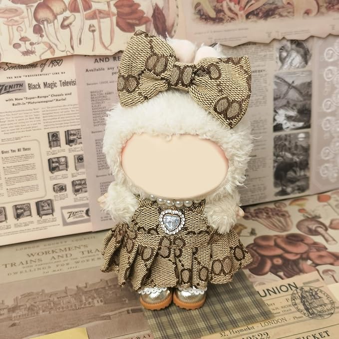 Clothes Compatible with LABUBU Doll - 4PCS Classic Set, 17cm Doll Clothes Designer Outfit for Elegant Vintage Theme, Stylish Luxury Accessories for Labubu, No Doll (Mocha Pearl Classic)