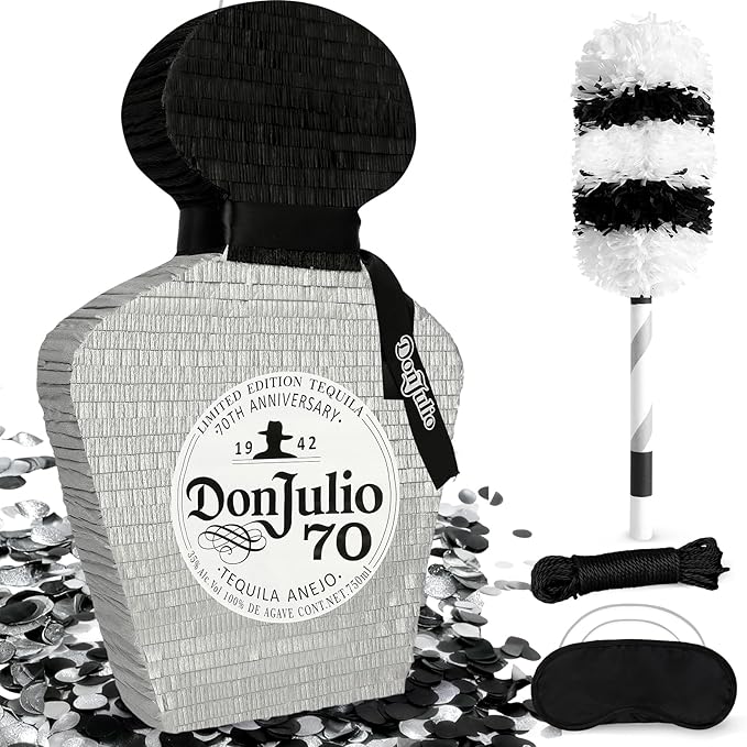 25" Tequila Bottle Piñata with Bat Stick, Eye Mask, Rope - Perfect for Party Decorations, Photo Prop, Birthday, Funny Anniversary, 21 birthday - Fits candy/favors