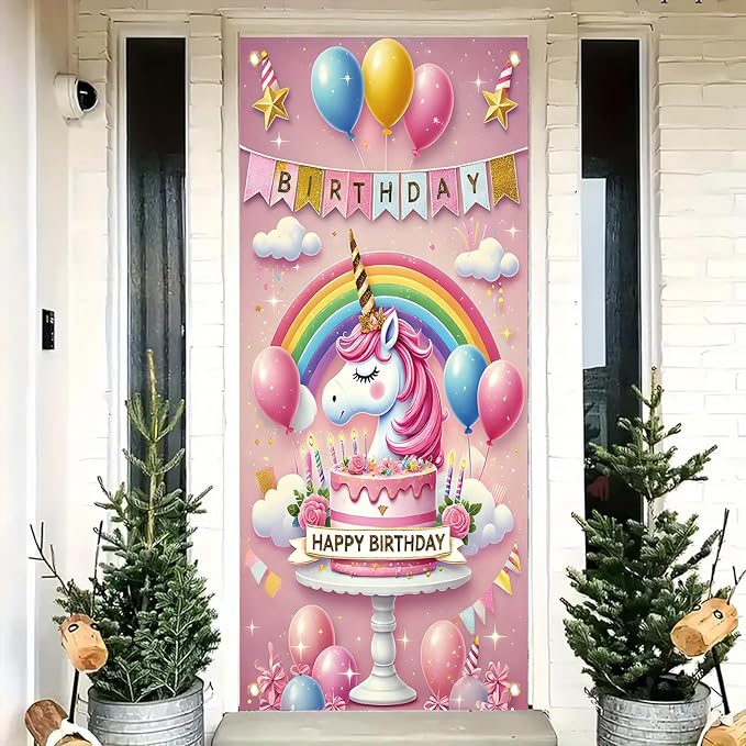 Unicorn Birthday Door Cover 71 x 35 inch Party Decoration Rainbow Cake Backdrop Door Banner for Girls Kids Birthday Celebration Photography Background Party Supplies