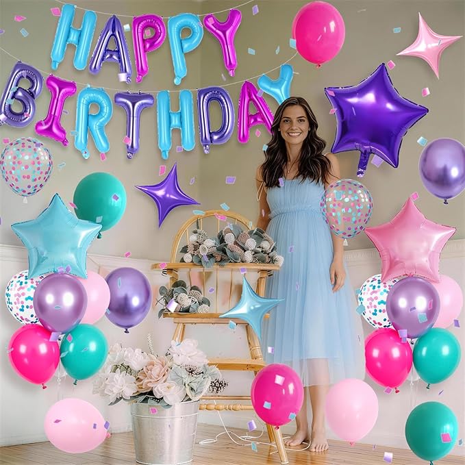 Pink Purple Blue Birthday Decorations Hot Light Pink Metallic Purple Teal Confetti Balloon Happy Birthday Banner Heart Foil Balloons 18/10 Inch Star Balloons for Girls Boys Bday Mermaid Party