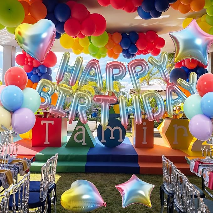 29PC Gradient Happy Birthday Balloon Banner, 16 Inch 3D Letter Banner Sign, Light Blue Pink Green Purple Red Yellow Balloons 18 Inch Star Heart Foil Balloons for Women, Men Party Supply