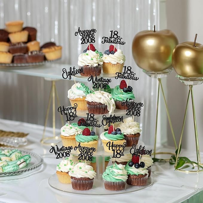 30Pcs Happy 18th Birthday Cupcake Toppers Glitter Eighteen Vintage 2008 Cupcake Picks Cheers to 18 Fabulous Cake Decorations for 18th Birthday Wedding Anniversary Party Supplies Black