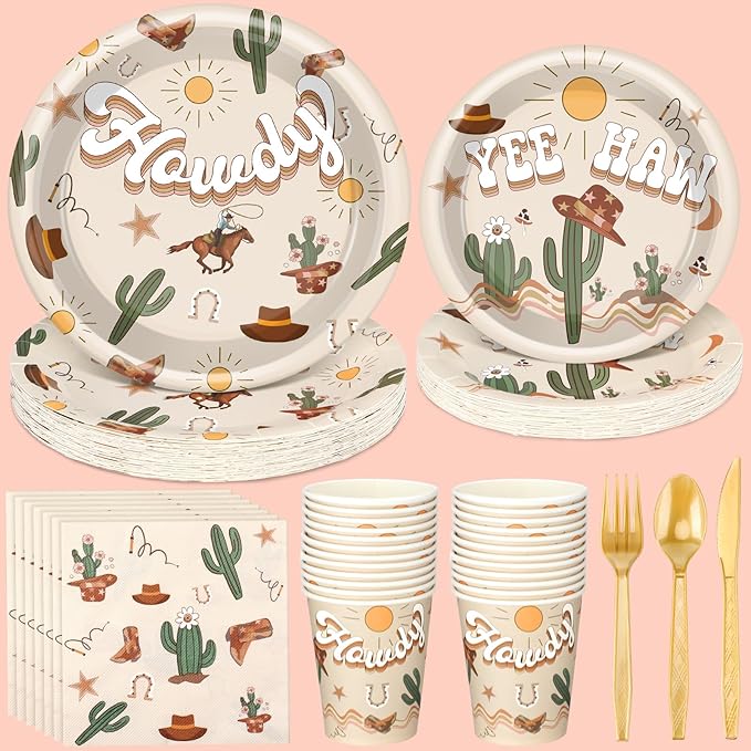 168 Pcs Western Rodeo Country Birthday Party Supplies First Rodeo Cowboy Birthday Party Decorations, Howdy Cowgirl Supplies, Yeehaw Boho Western Baby Shower Favors, Wild West Theme Tableware
