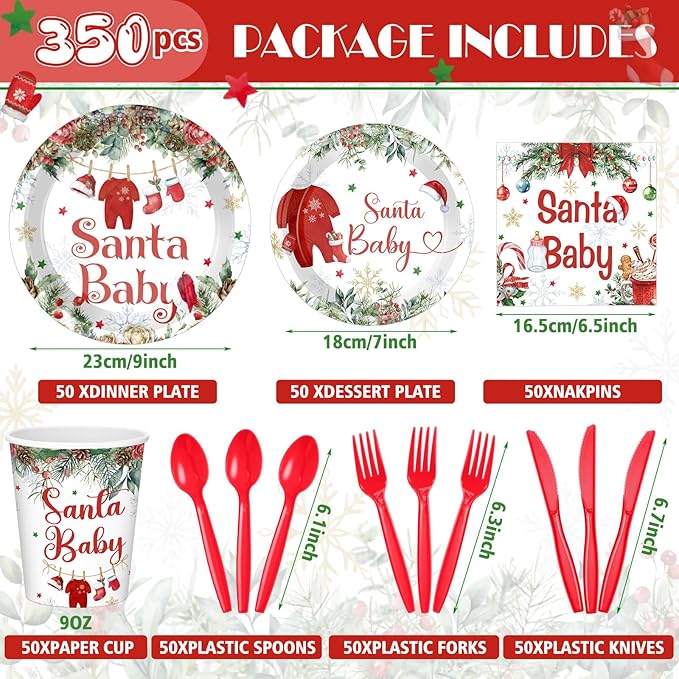 Dandat 350 Pcs Baby Shower Plates Set Serves 50 Tableware Sets Include Plates Napkin Cup Forks Knives Spoons Disposable Dinnerware (Christmas Santa Baby,Red)