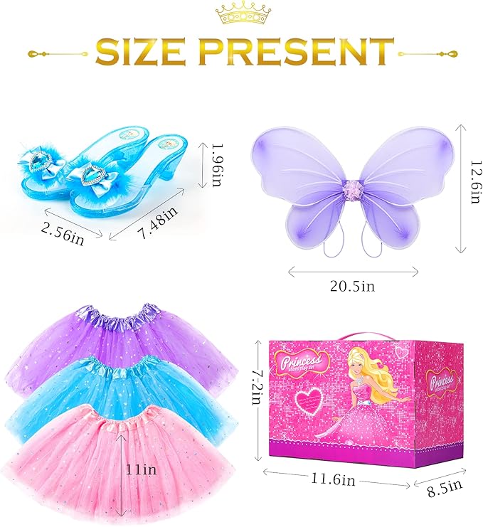 Princess Dresses with Fairy Wings, Dress Up Clothes Pretend Play Costumes Trunk with 3 Sets of Princess Dress Up Shoes, Glitter Girls Tutu Skirts and Butterfly Wings, Toys for 3-6 yr Girls