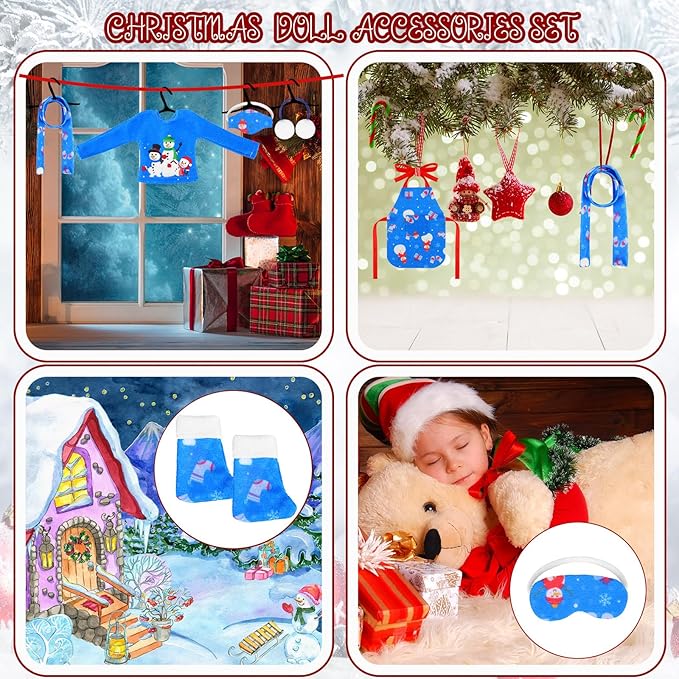 Kacctyen 11 Pcs Christmas Accessories Include Doll Sleeping Bag Apron Chef Hat Ear Muffs Scarf Hoodie Eye Mask Socks Mask with Inflatable Snow Tube Snowmen Clothes(Snowman Style)