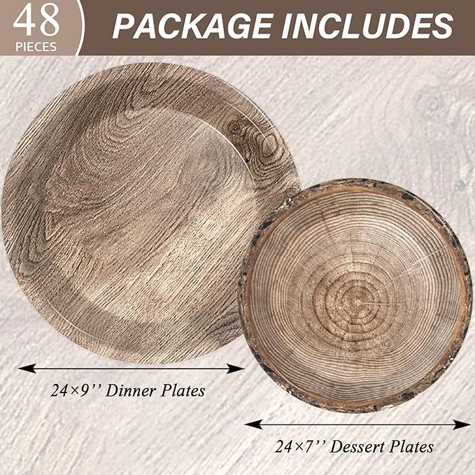 gisgfim 48 Pcs Rustic Wooden Tree Party Plates Supplies Tableware Set Lumberjack Party Decorations Camping Hunting Theme Party Table Supplies Favors Decors for Guests