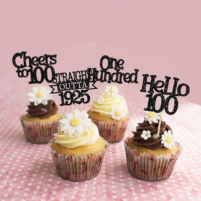 Ephlyn 24Pcs Happy 100th Birthday Cupcake Toppers Glitter Straight Outta 1925 Cupcake Picks Hello 100 Cheers to 100 Years Birthday Cake Decorations for 100th Birthday Anniversary Party Supplies Black