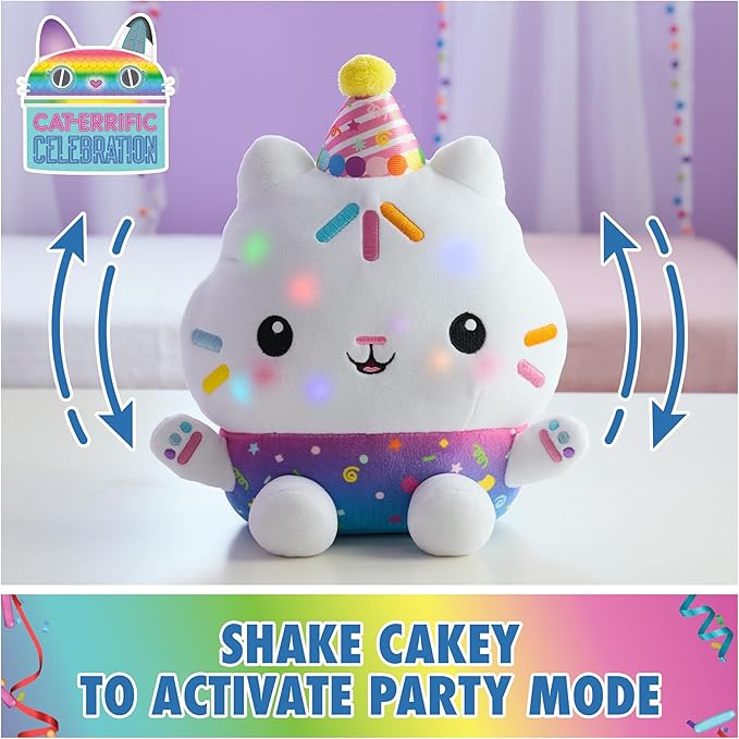 Gabby's Dollhouse Celebrations, Sprinkle Party Cakey Cat Plush, 10-Inch Interactive Stuffed Animal with Sounds, Kids Toys for Girls & Boys Ages 3+