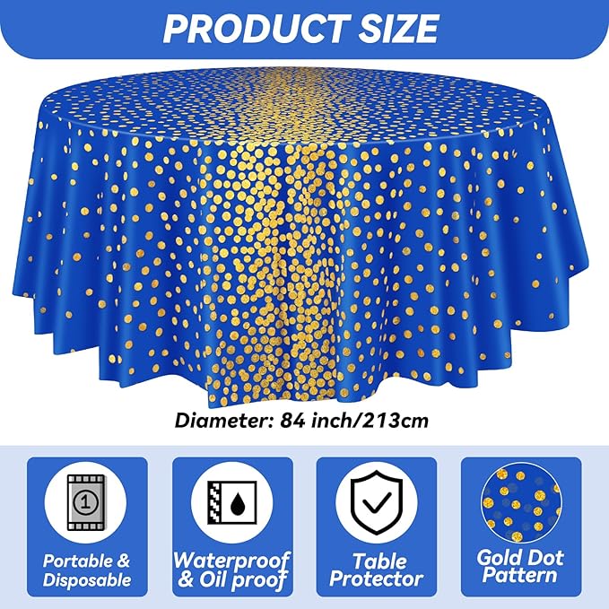 VitalCozy Round Dot Tablecloth 84 Inch Plastic Table Cover Polka Dot Confetti Tablecloths for Easter 2026 Graduation Prom Wedding Birthday Spring Party Supplies(Blue and Gold,3 Pcs)