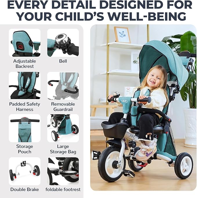 JMMD 8 in 1 Tricycle Stroller with Push Handle, Foldable Trike with 360° Swivel Seat, Reclining Backrest, All-Terrain Wheels, Dual Brakes, Canopy & Storage, Gift for Kids 18 Months to 5 Years, Green