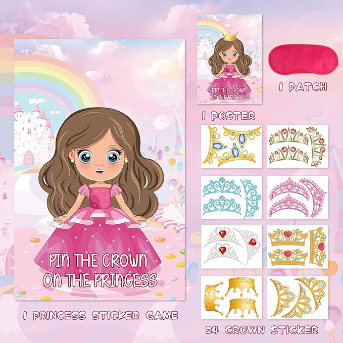 Hxezoc Pin The Crown on The Princess Party Games with 24 Pcs Crowns, Large Princess Party Games Poster for Girls Kids Birthday Party Carnival Supplies