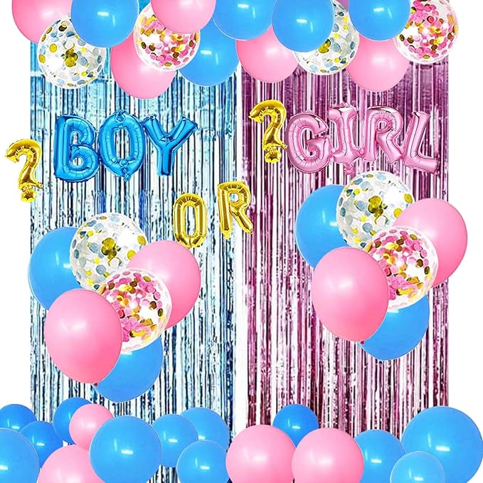 Gender Reveal Party Supplies Kit, Pink and Blue Balloons , Boy or Girl Foil Balloons, Tinsel Curtain, Gender Reveal Party Baby Photo Backdrop for Baby Shower Decorations