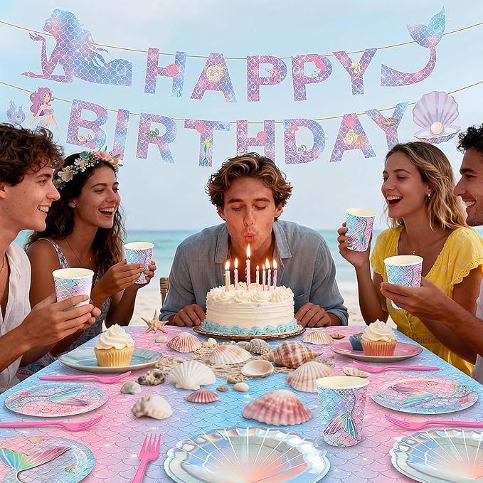 122 Pcs Mermaid Birthday Decorations Under the Sea Party Supplies Include Mermaid Banner Seashell Plates Napkins Tablecloth Cups Forks Pink Blue Ocean Theme Dinnerware Set, Serves 24