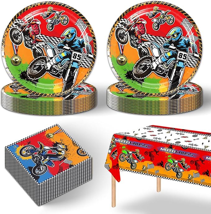 41pcs Dirt Bike Party Supplies ,include 20 Plates, 20 Napkin and 1pcs Tablecloth,Used for Motocross Dirt Bike Birthday Party Decoration (Orange Dirt Bike)