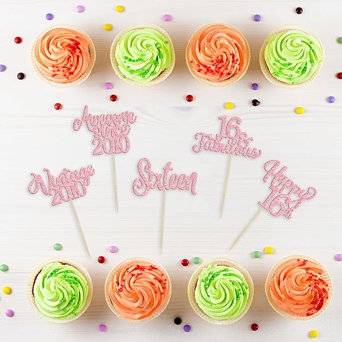 Ephlyn 30Pcs Vintage 2010 Cupcake Toppers Glitter Sixteen Happy 16th Birthday 16 Fabulous Cupcake Picks Cheers to 16 Years for 16th Birthday Wedding Anniversary Party Cake Decorations Supplies Pink