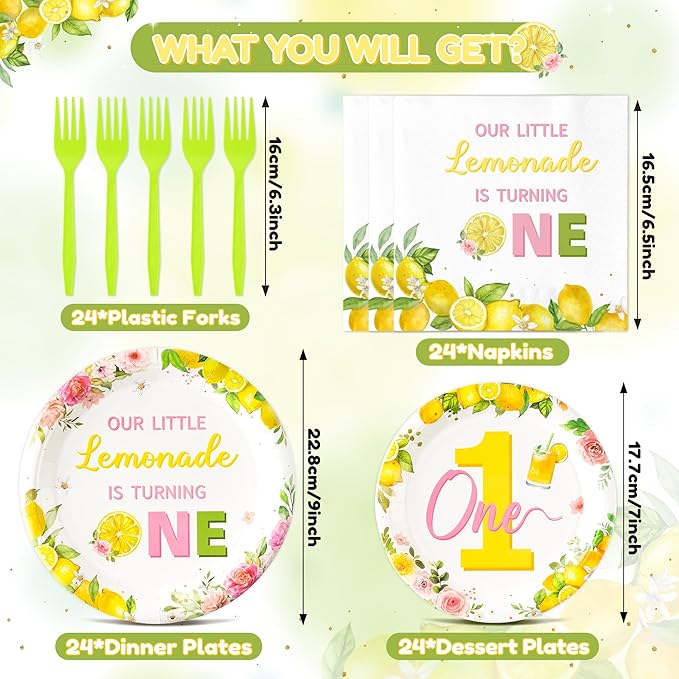 96Pcs Lemon 1st Party Plates Supplies Our Little Lemonade Is Turning One First Birthday One Year Old Tableware Decorations Disposable Paper Plates Napkins Forks for Kids Baby Shower, Serves 24