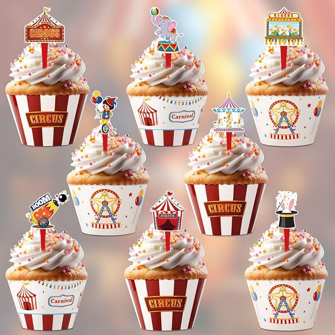 48 Pack Circus Cupcake Toppers and Wrappers, Carnival Party Cake Decoration for Carnival Theme Birthday Party Baby Shower Supplies