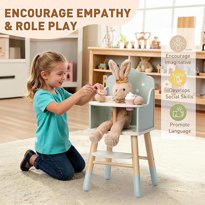 Wooden Baby Doll High Chair, Baby Doll Furniture, Fits Up to 18 inch Dolls, 18 inch Doll Accessories - Green