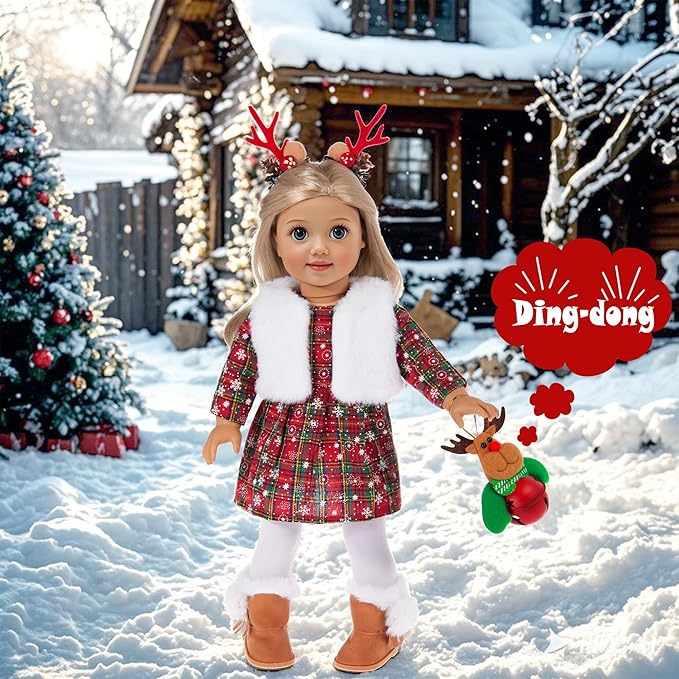 ebuddy 18 inch Doll Clothes and Accessories- Christmas Costume Playset Including Dress,Fur Vest, Tights, Boots, Hair Clips,Bell and Sticker (No Doll)